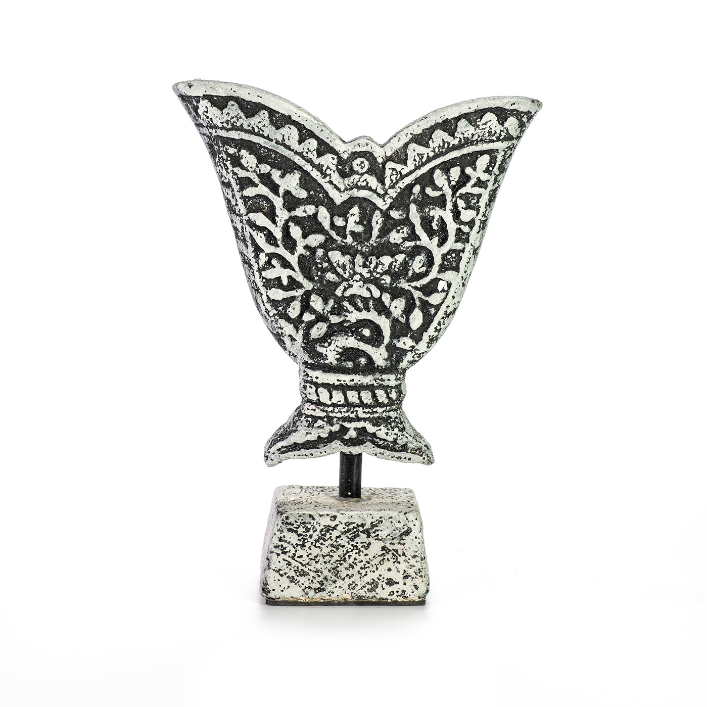 Ceramic fragment on a stand, light gray color. 