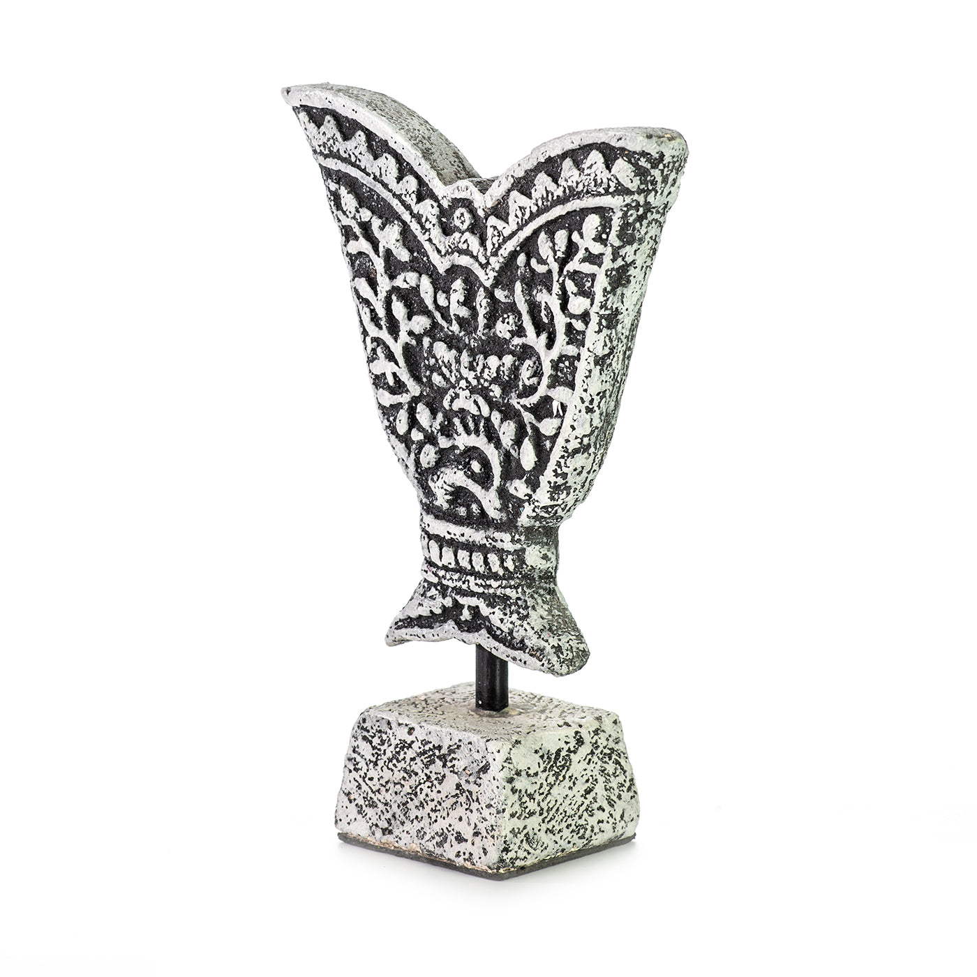 Ceramic fragment on a stand, light gray color. 