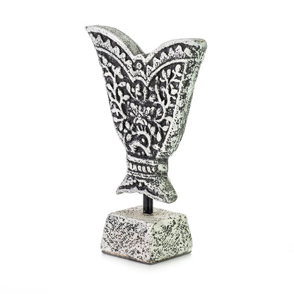 Ceramic fragment on a stand, light gray color. 