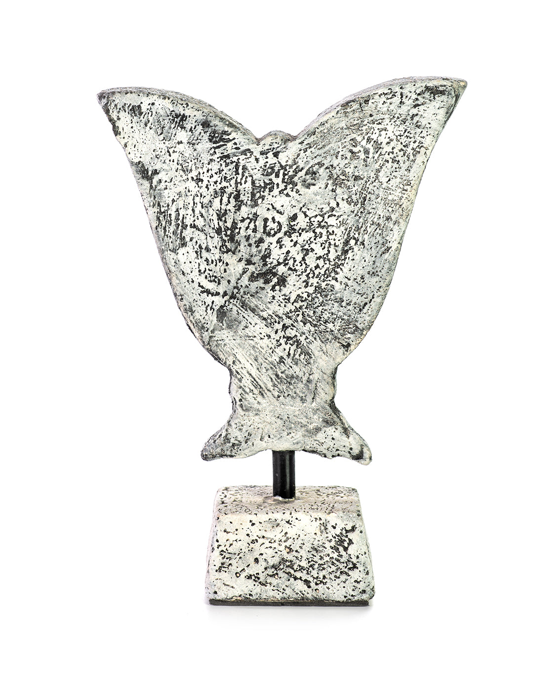 Ceramic fragment on a stand, light gray color, backside view.