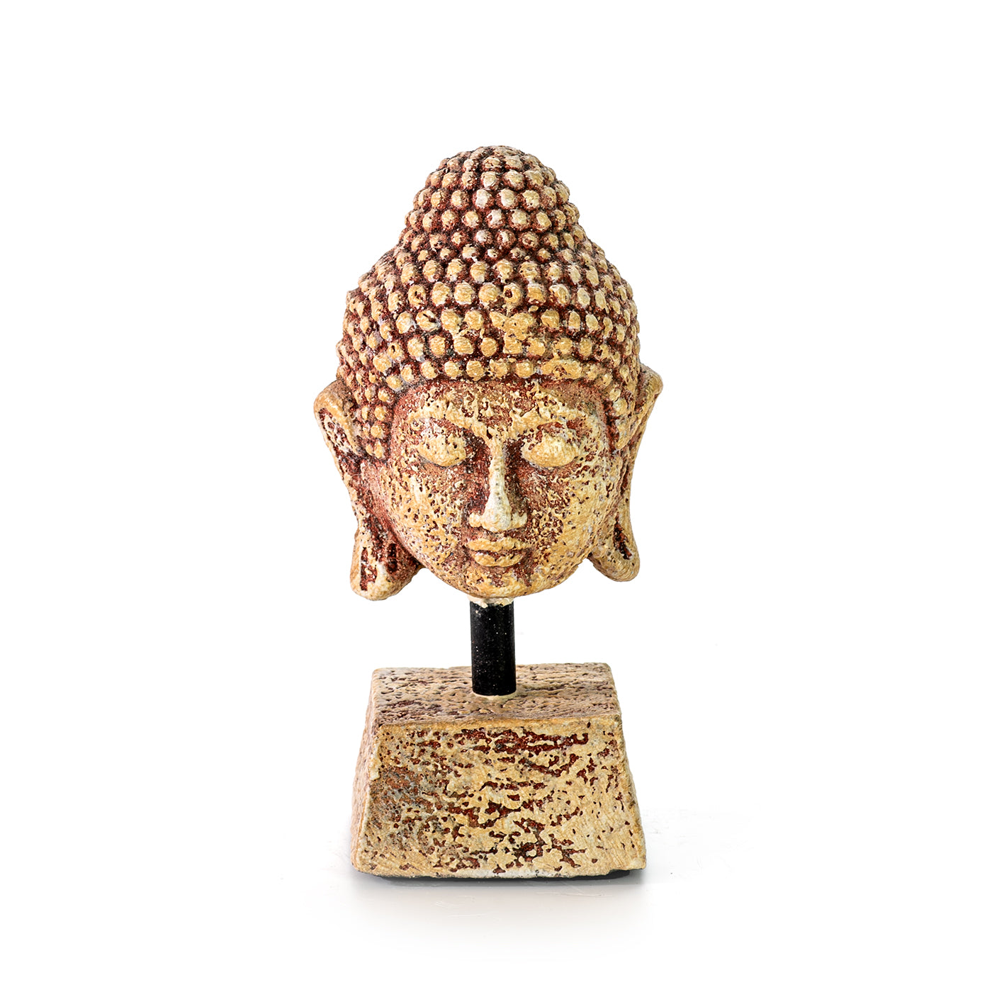 Handmade ceramic Buddha head sculpture on a pedestal, in ocher color.