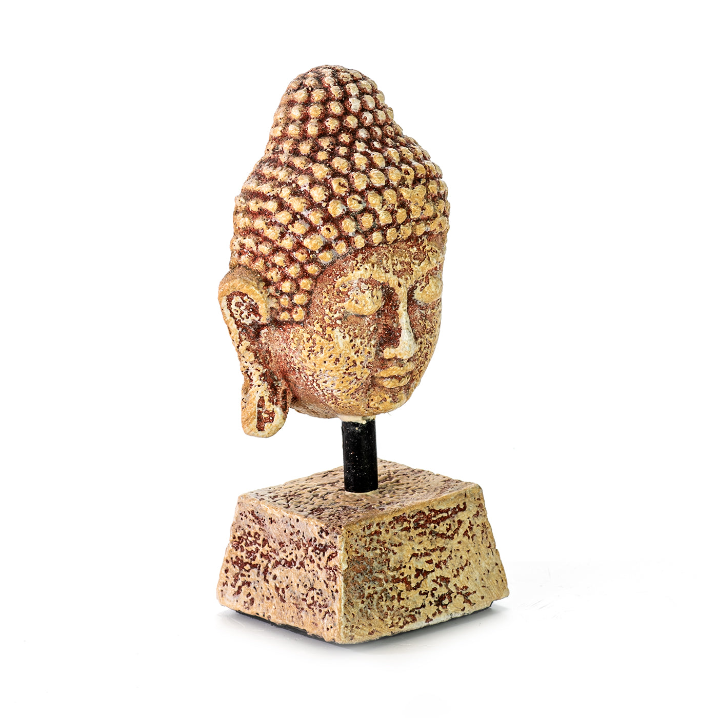 Handmade ceramic Buddha head sculpture on a pedestal, in ocher color.