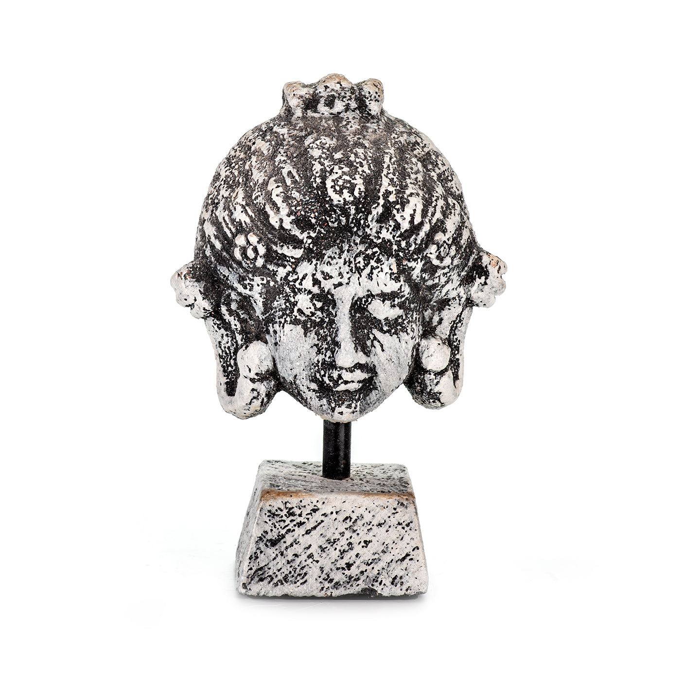 A ceramic fragment depicting an ancient deity in antique grey color, mounted on a stand.