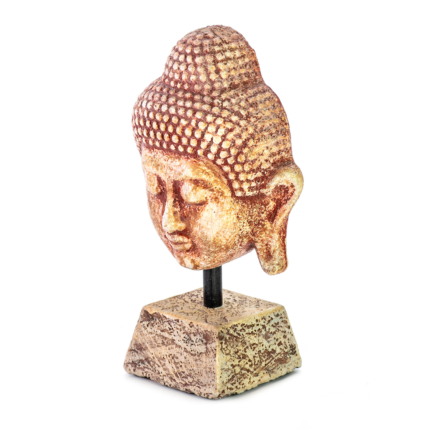 Handmade ceramic Buddha head sculpture on a pedestal, in ocher color.