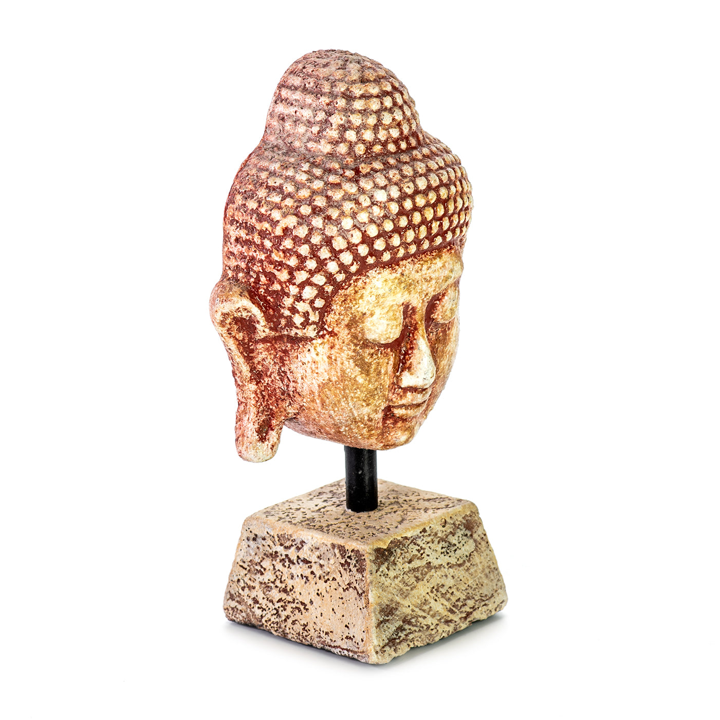 Handmade ceramic Buddha head sculpture on a pedestal, in ocher color.