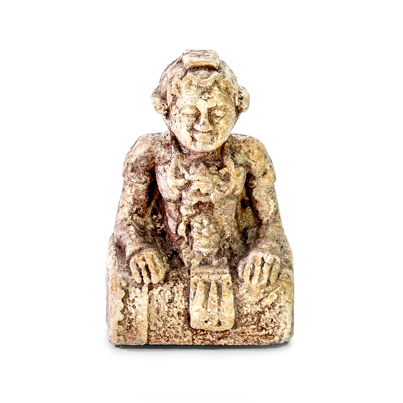 Handmade ceramic statue of an ancient deity with ocher color on display against a white background.