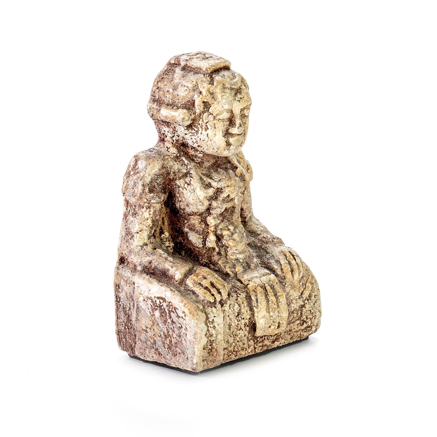 Handmade ceramic statue of an ancient deity with ocher color on display against a white background.