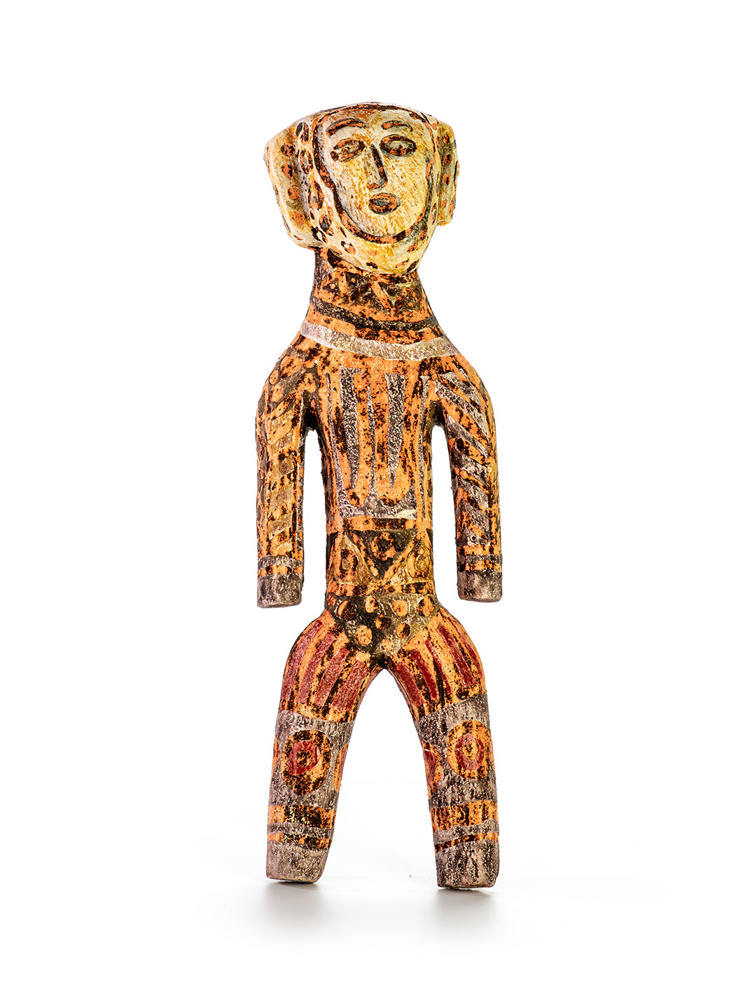 A hand-painted ceramic wall-mounted figure with an ocher color finish depicting a stylized human form.