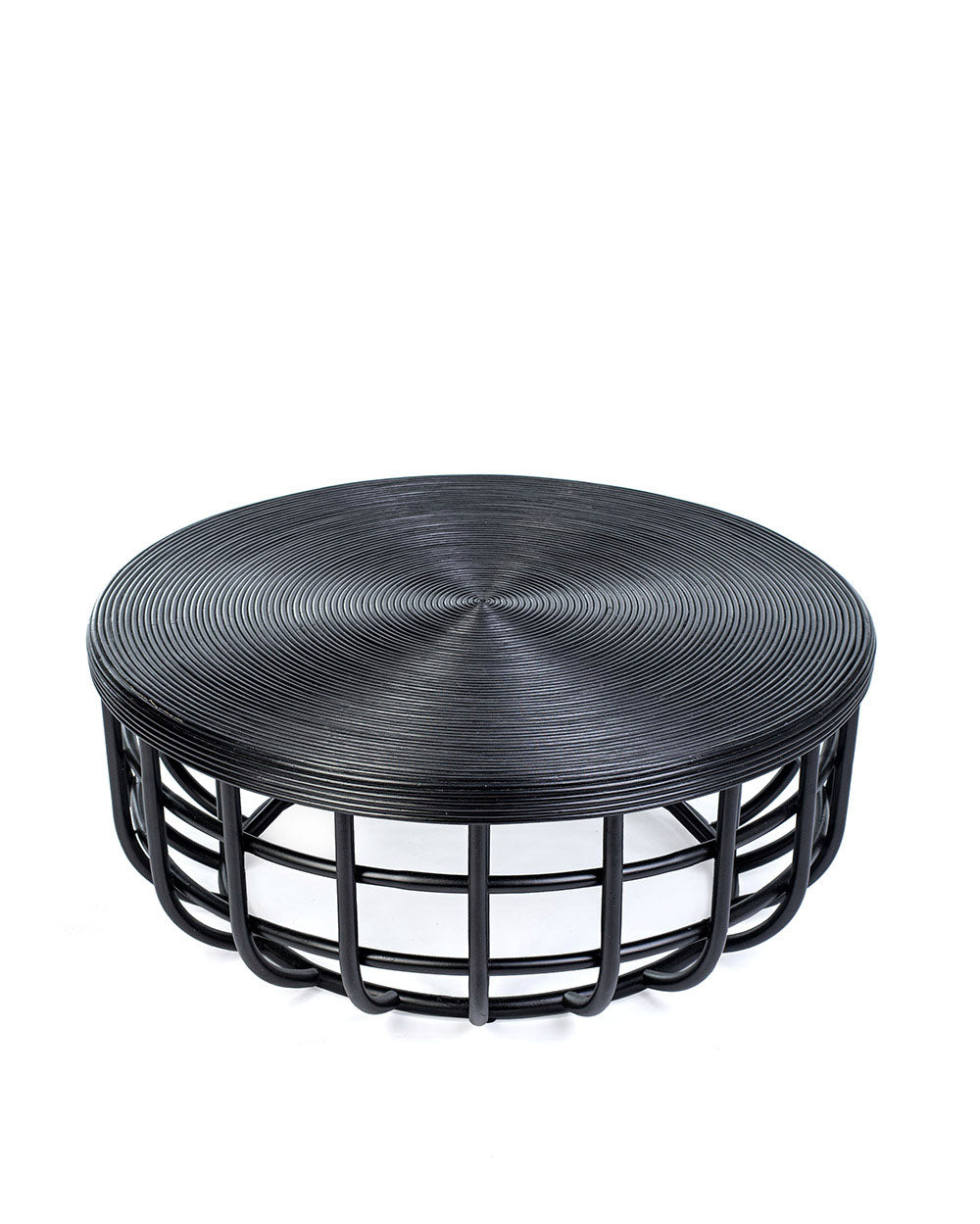 A black color rattan coffee table with a round shape and visible weave pattern.