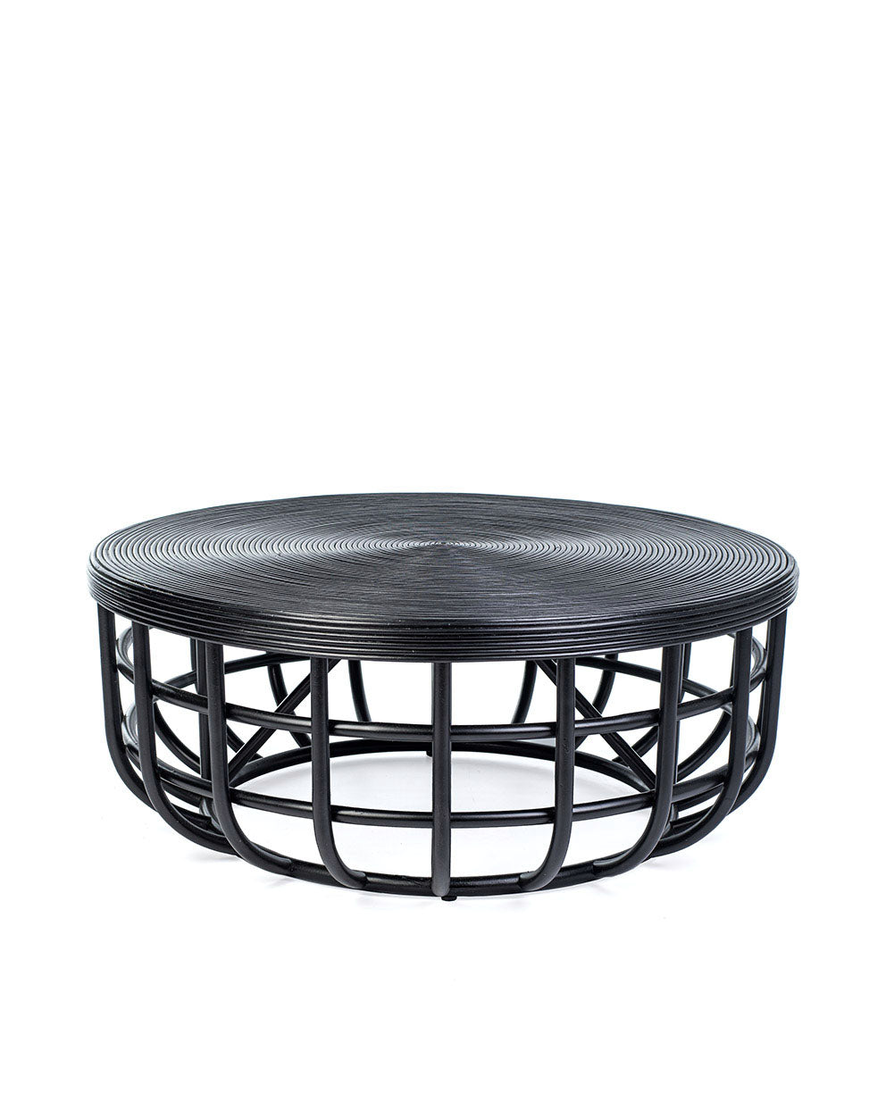 A black color rattan coffee table with a round shape and visible weave pattern.