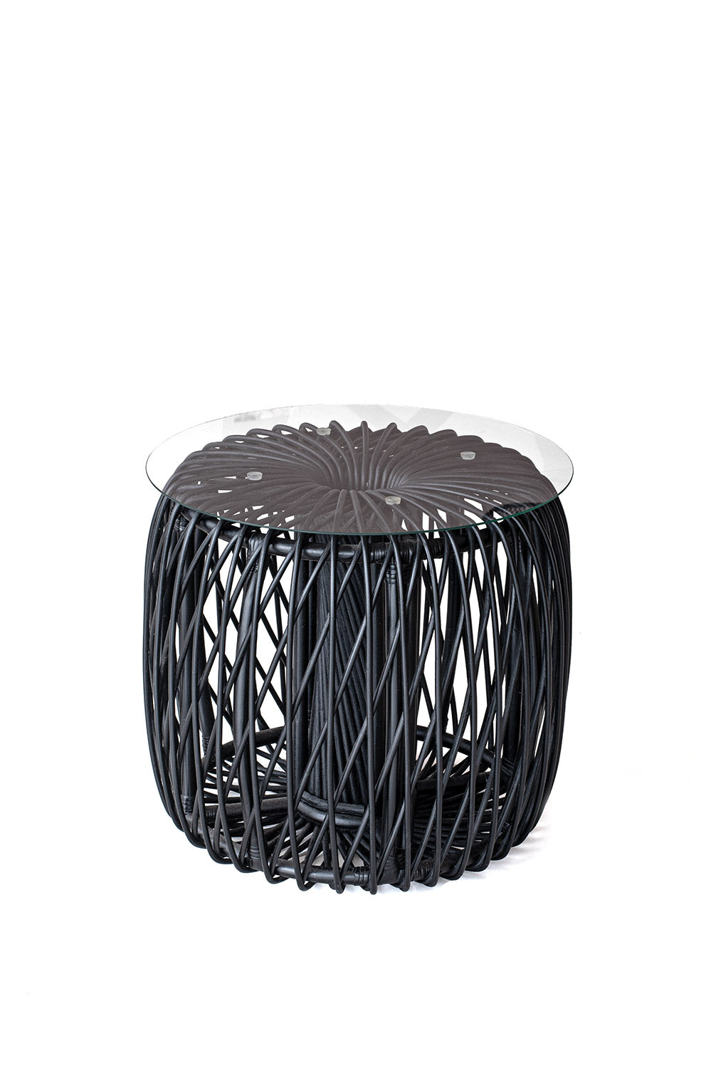 A black rattan coffee table with a glass top, suitable for indoors or outdoors spaces.