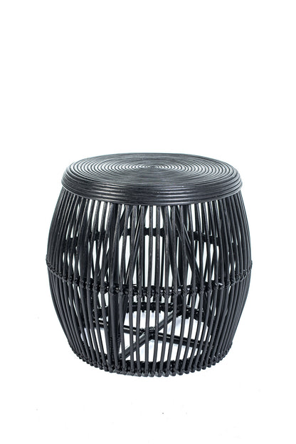 A round black coffee table made of natural rattan, with a geometric pattern, placed against a white background.