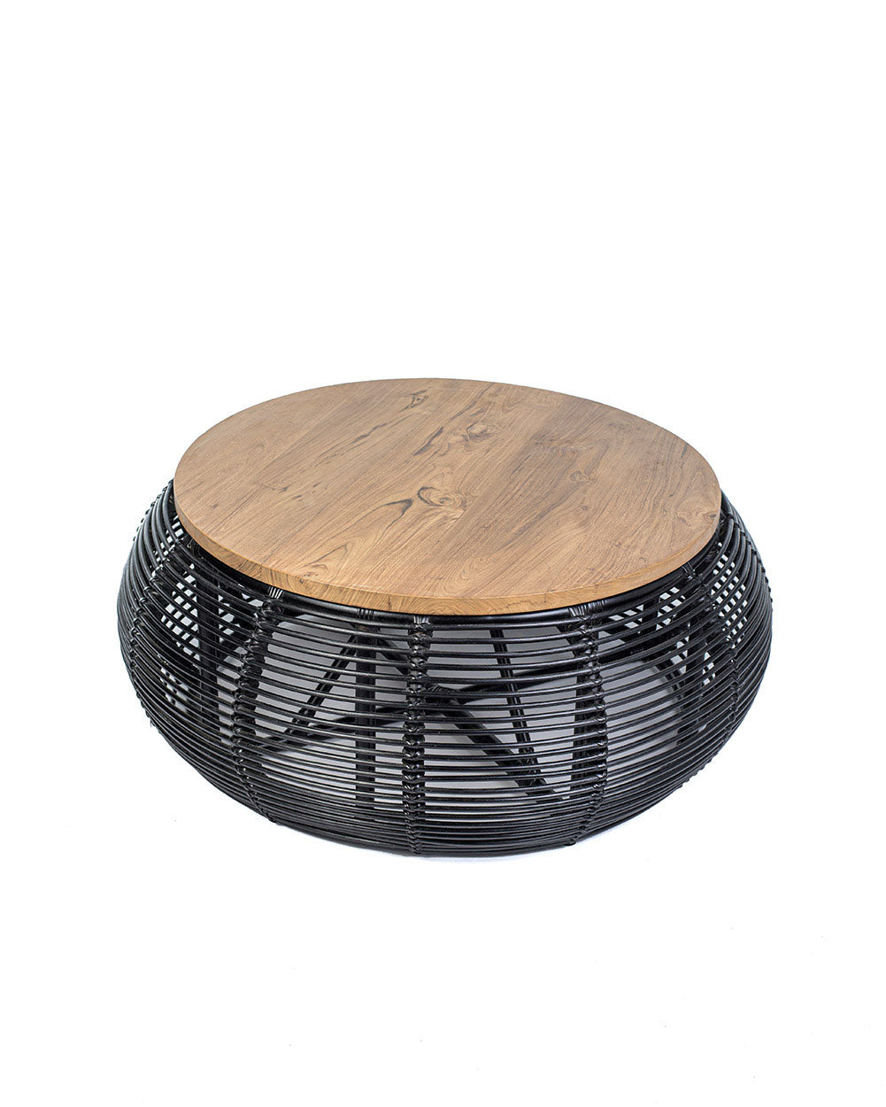 A black rattan coffee table with a teak wood top, suitable for indoors or outdoors use.
