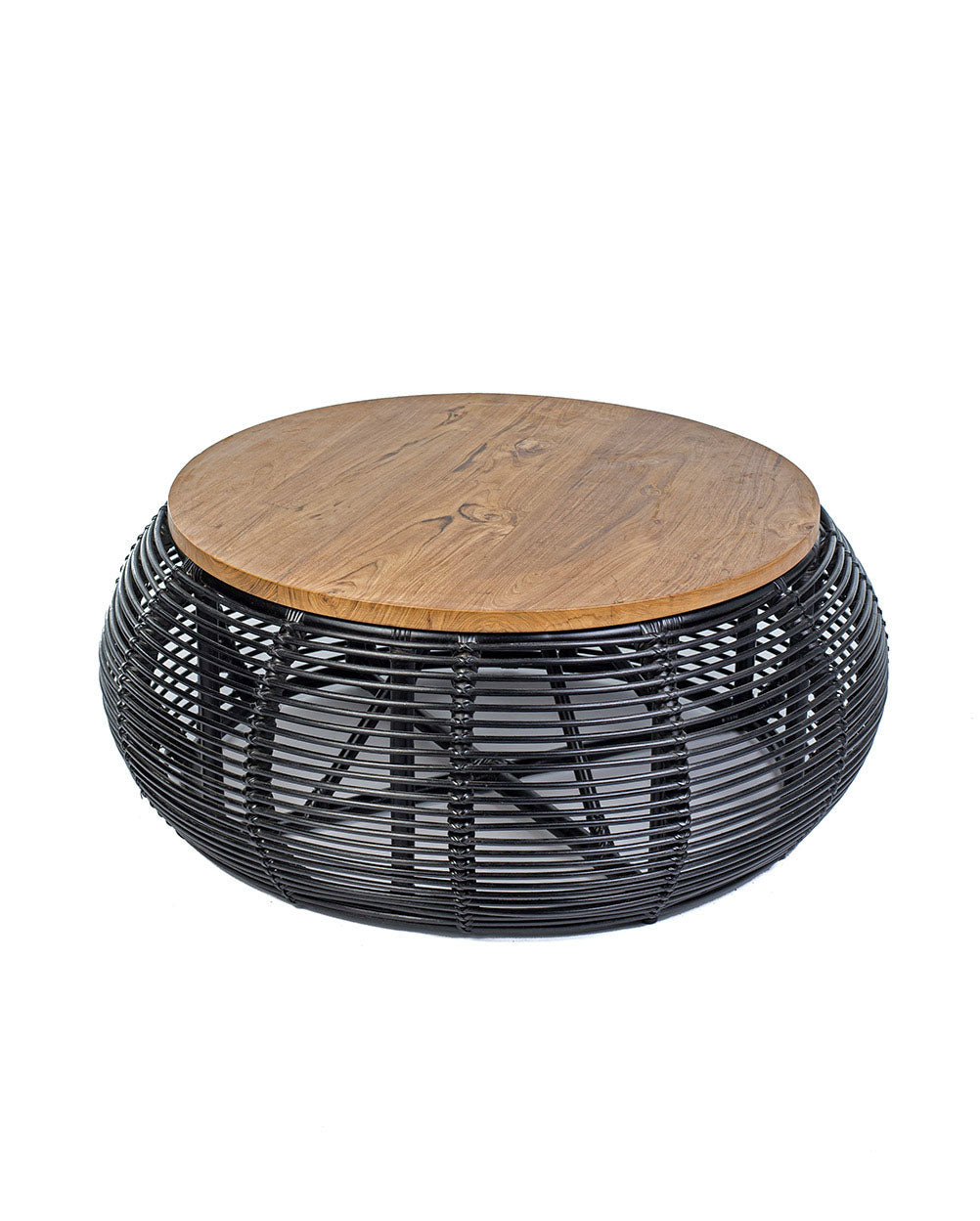 A black rattan coffee table with a teak wood top, suitable for indoors or outdoors use.