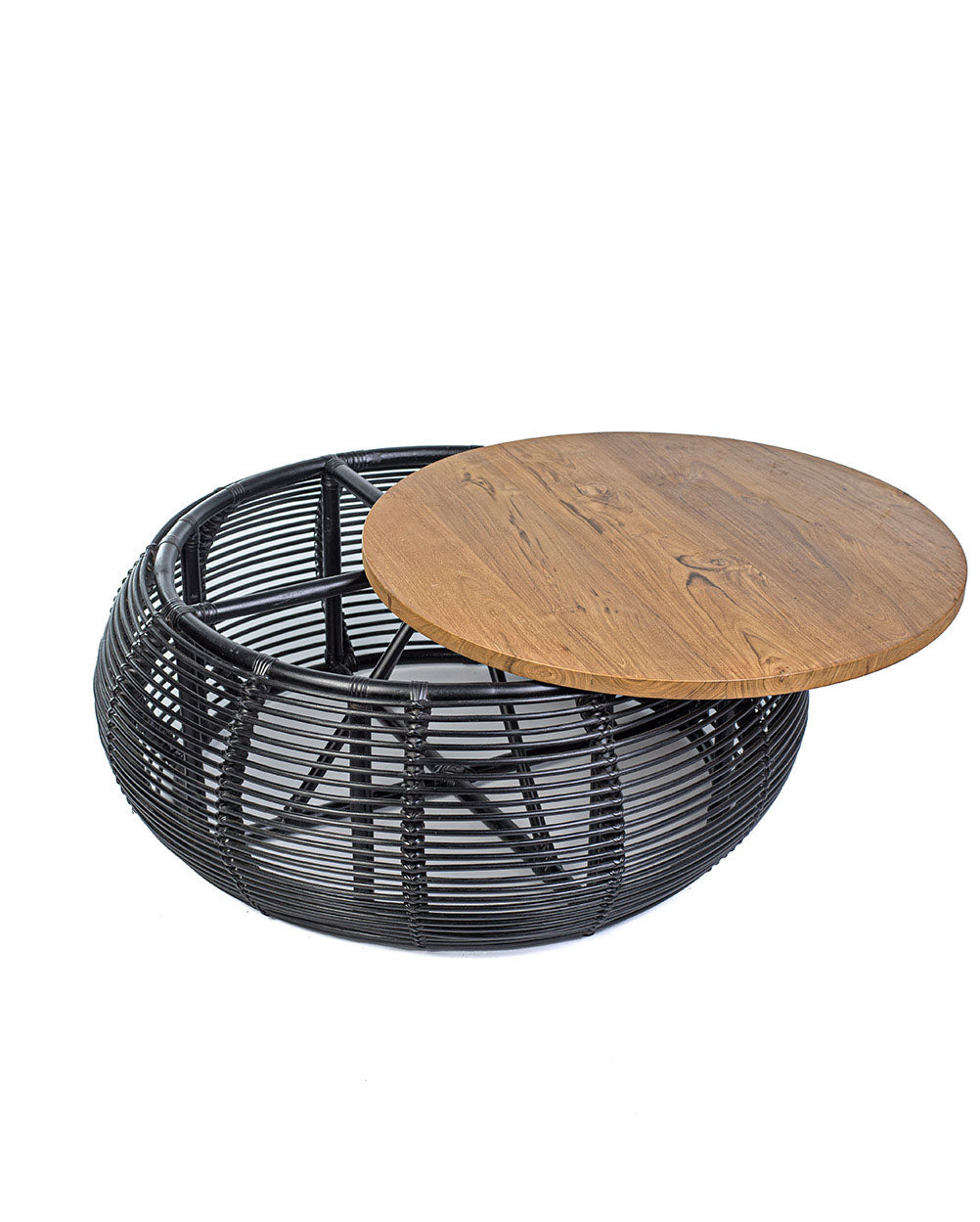A black rattan coffee table with a teak wood top, suitable for indoors or outdoors use.
