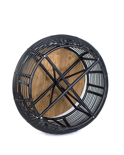 A black rattan coffee table with a teak wood top, suitable for indoors or outdoors use.