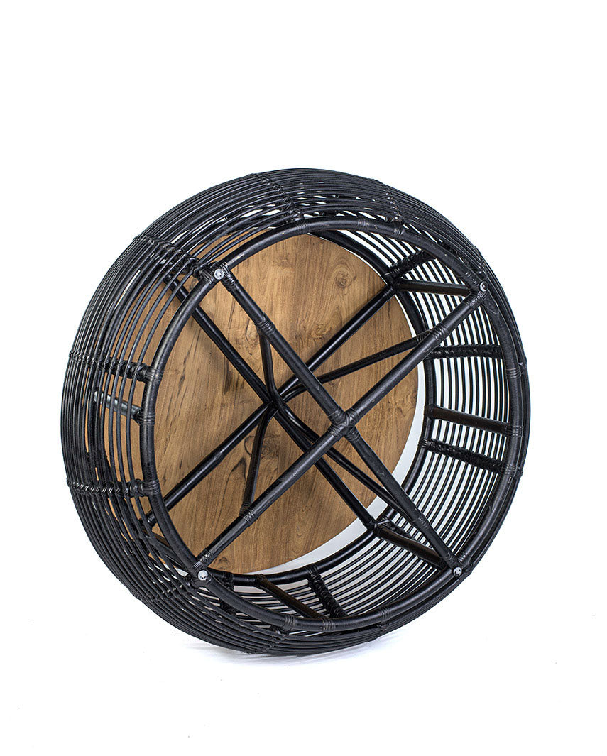A black rattan coffee table with a teak wood top, suitable for indoors or outdoors use.