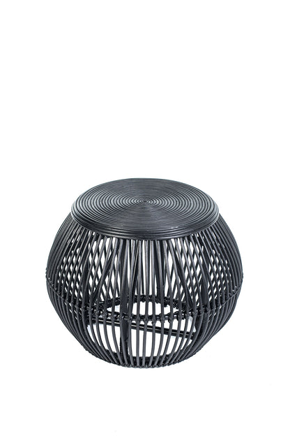 A round black coffee table made of natural rattan, with a geometric pattern, placed against a white background.