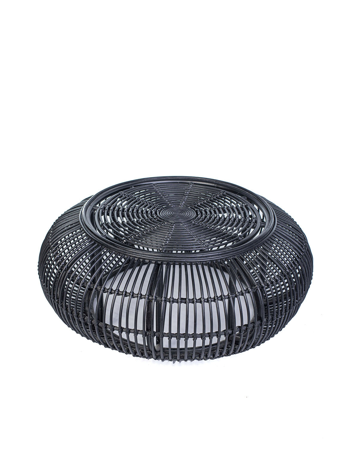 A black rattan coffee table with a glass top, suitable for indoors or outdoors use.