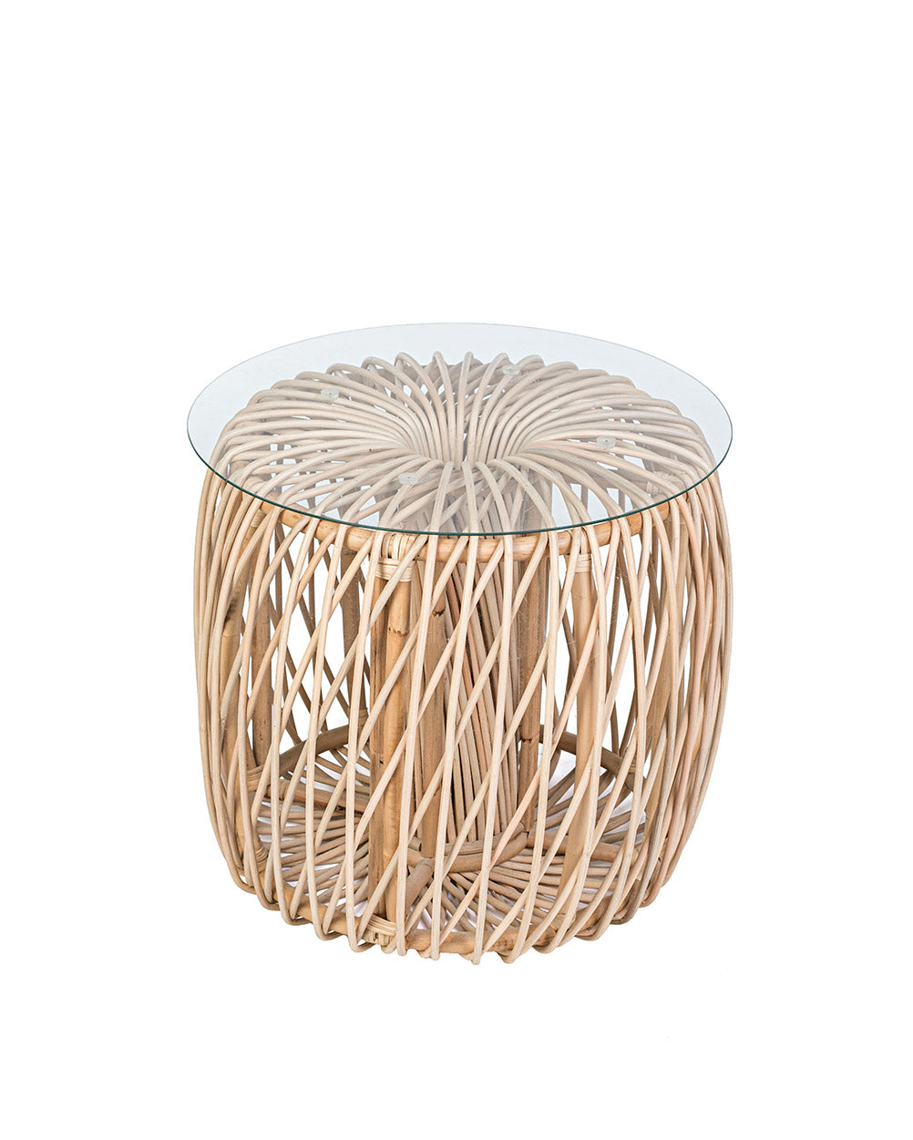 A natural color rattan coffee table with a glass top, featuring a geometric pattern.