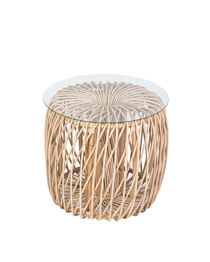A natural color rattan coffee table with a glass top, featuring a geometric pattern.