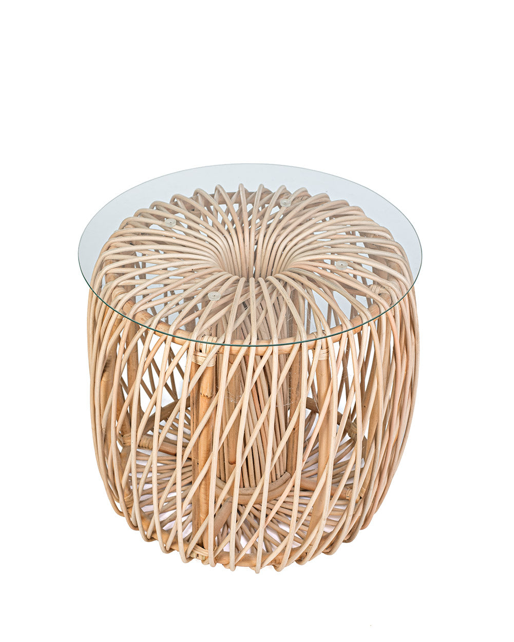 A natural color rattan coffee table with a glass top, suitable for indoors or outdoors use.