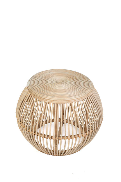 A natural color rattan coffee table with a geometric pattern, featuring a round shape and a slatted design.