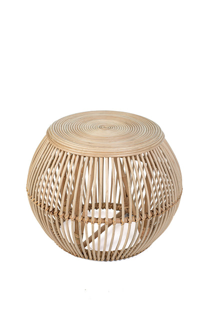 A natural color rattan coffee table with a geometric pattern, featuring a round shape and a slatted design.
