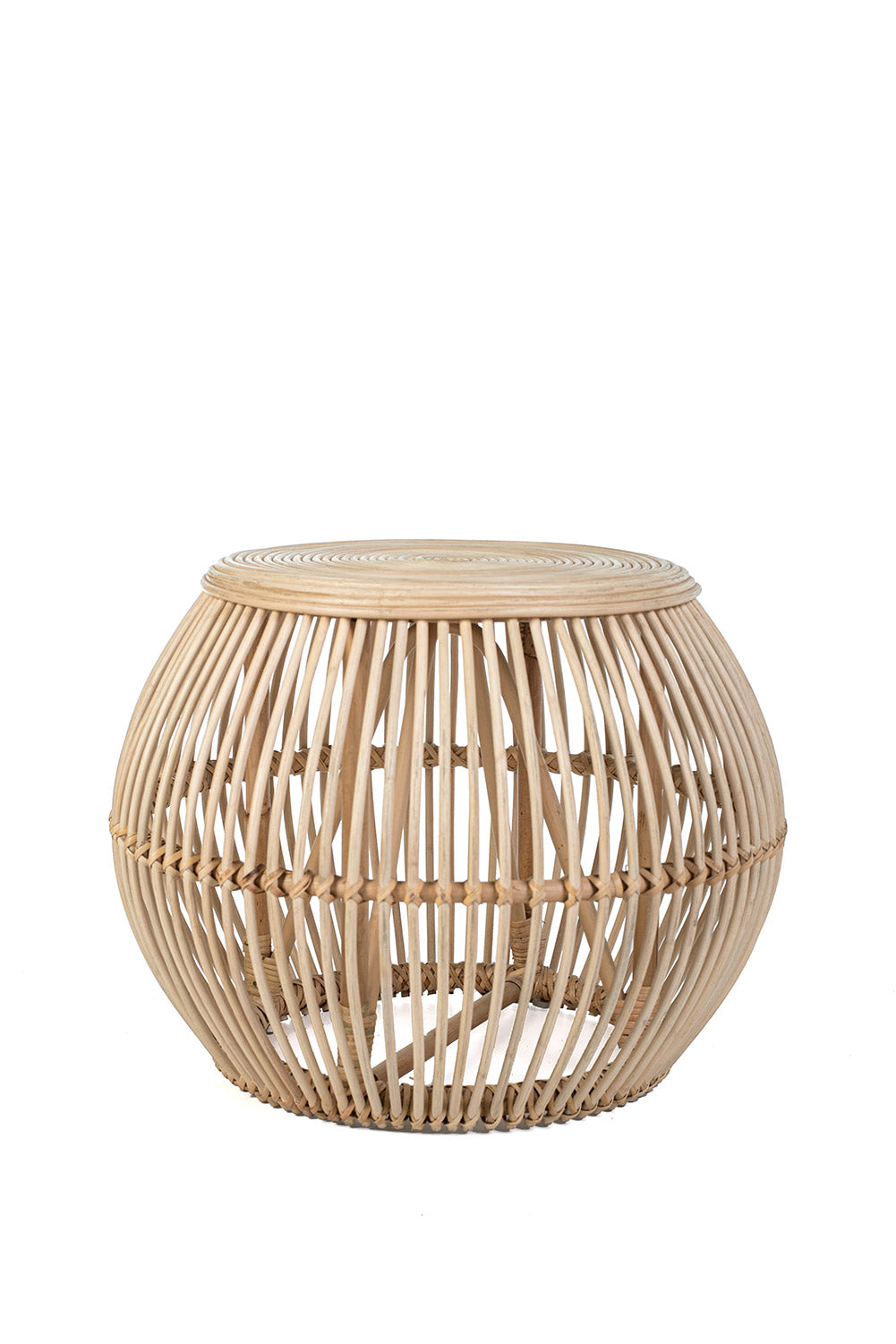 A natural color rattan coffee table with a geometric pattern, featuring a round shape and a slatted design.