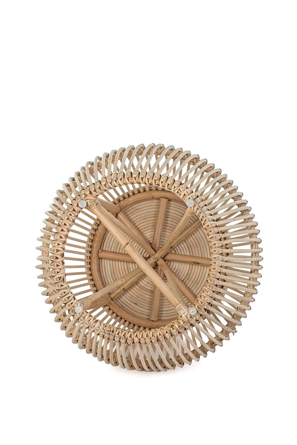 A natural color rattan coffee table with a geometric pattern, featuring a round shape and a slatted design.