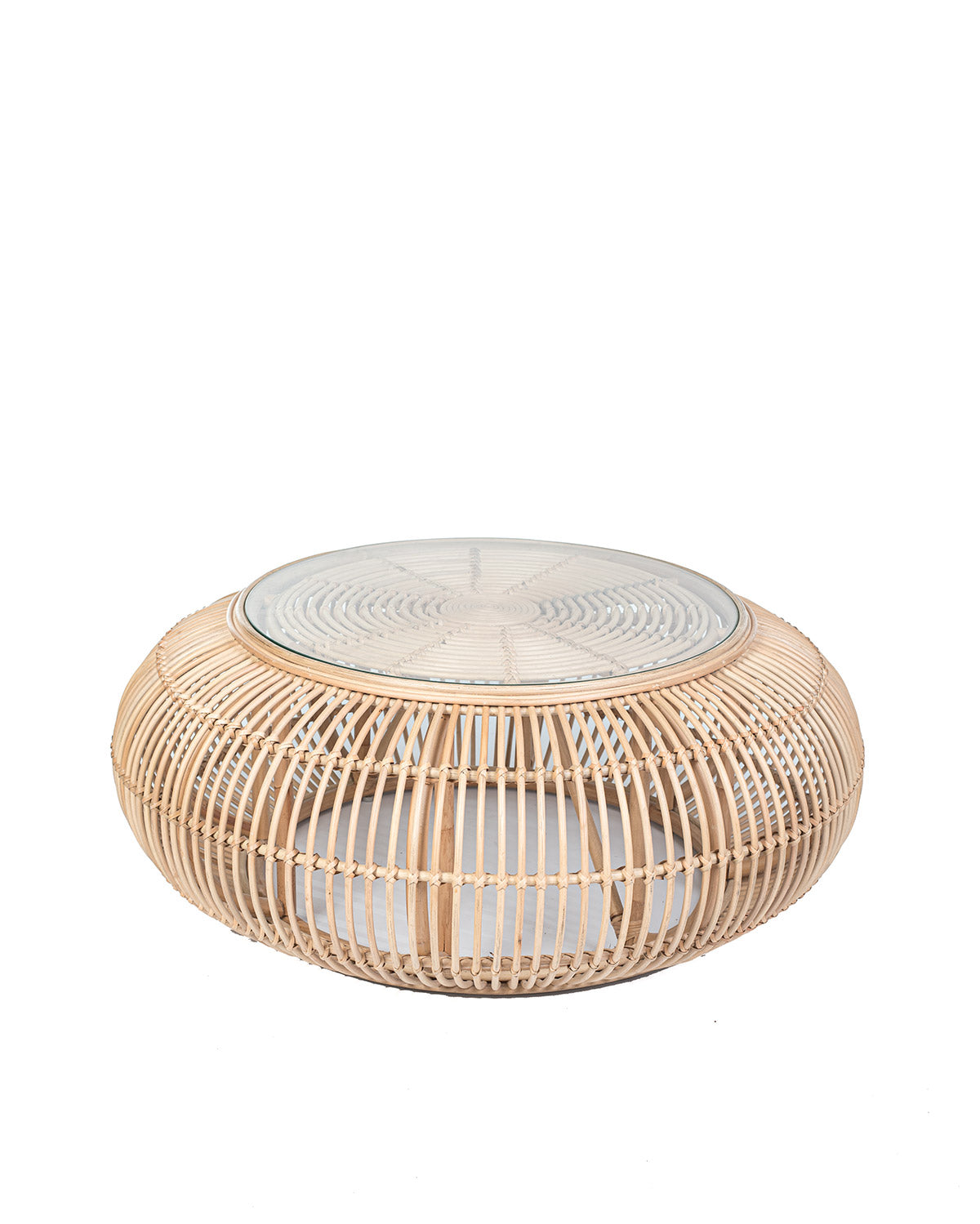A natural color rattan coffee table with a glass top, suitable for indoors or outdoors use.
