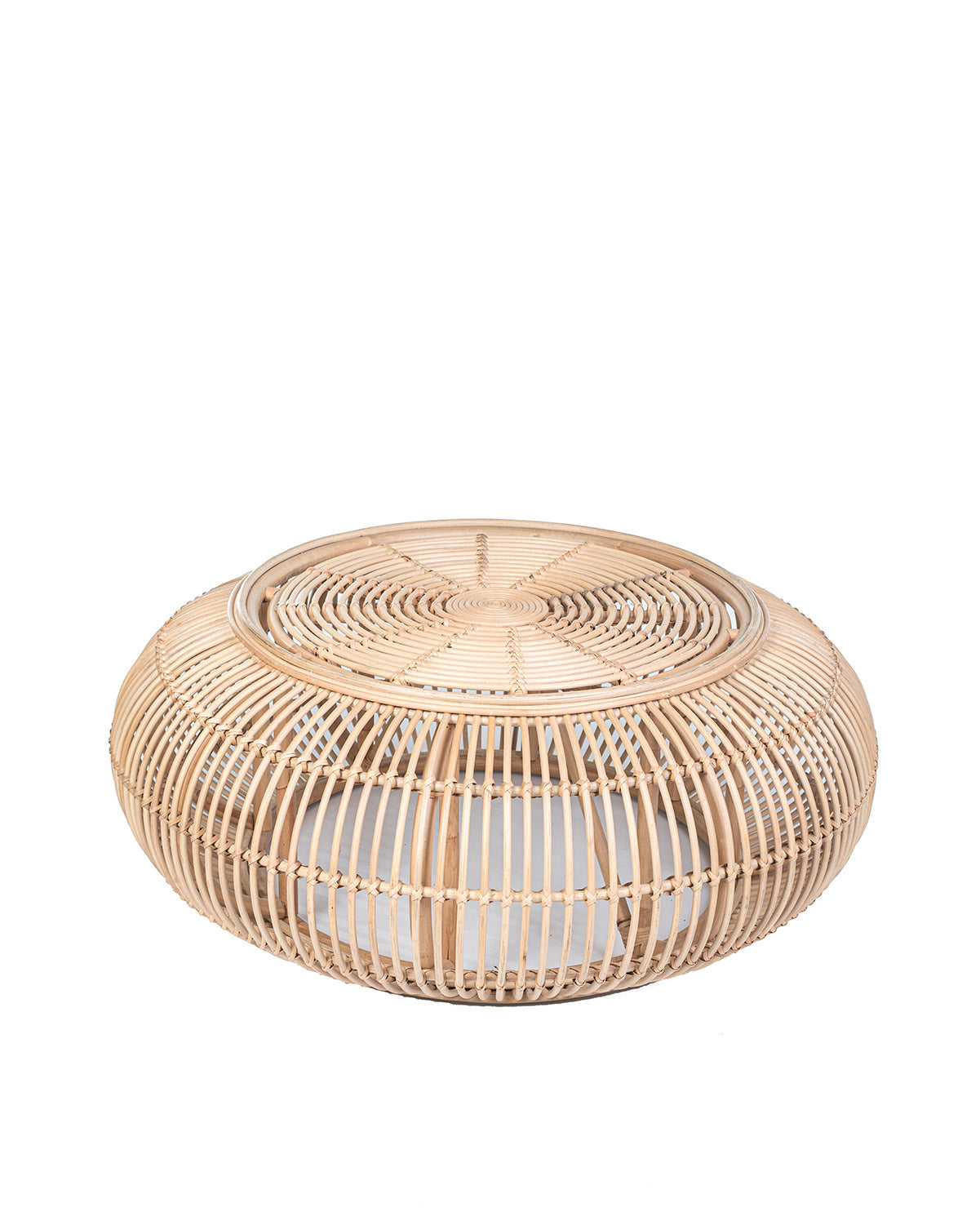 A natural color rattan coffee table with a glass top, suitable for indoors or outdoors use.