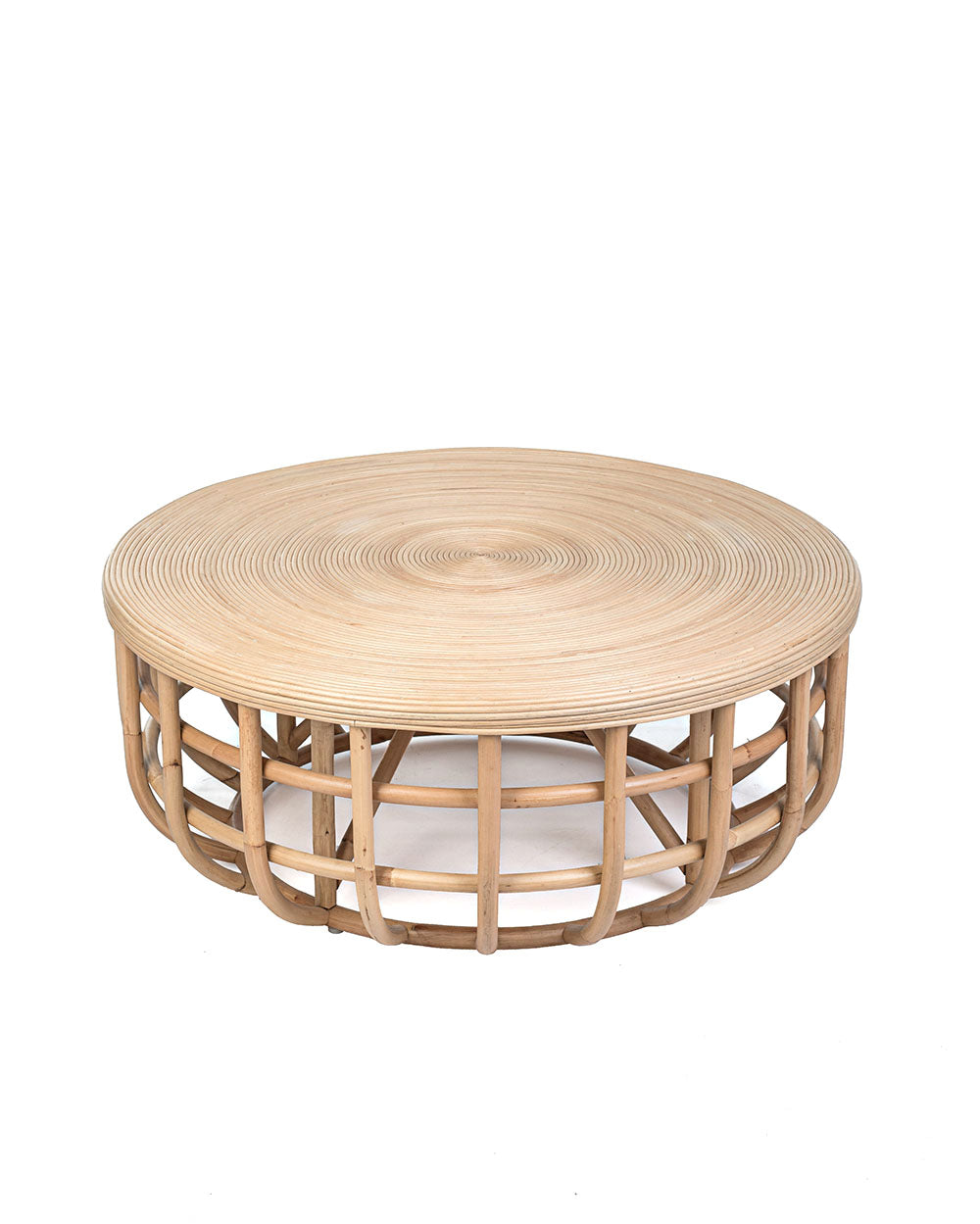 A round coffee table made of natural rattan with a flat, horizontal tabletop and a geometric lattice base.