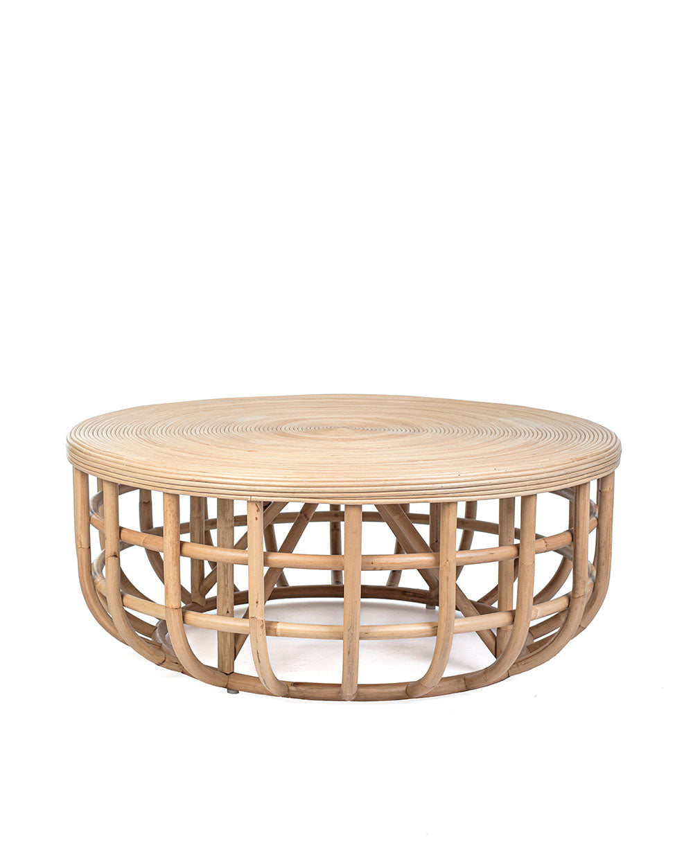 A round coffee table made of natural rattan with a flat, horizontal tabletop and a geometric lattice base.