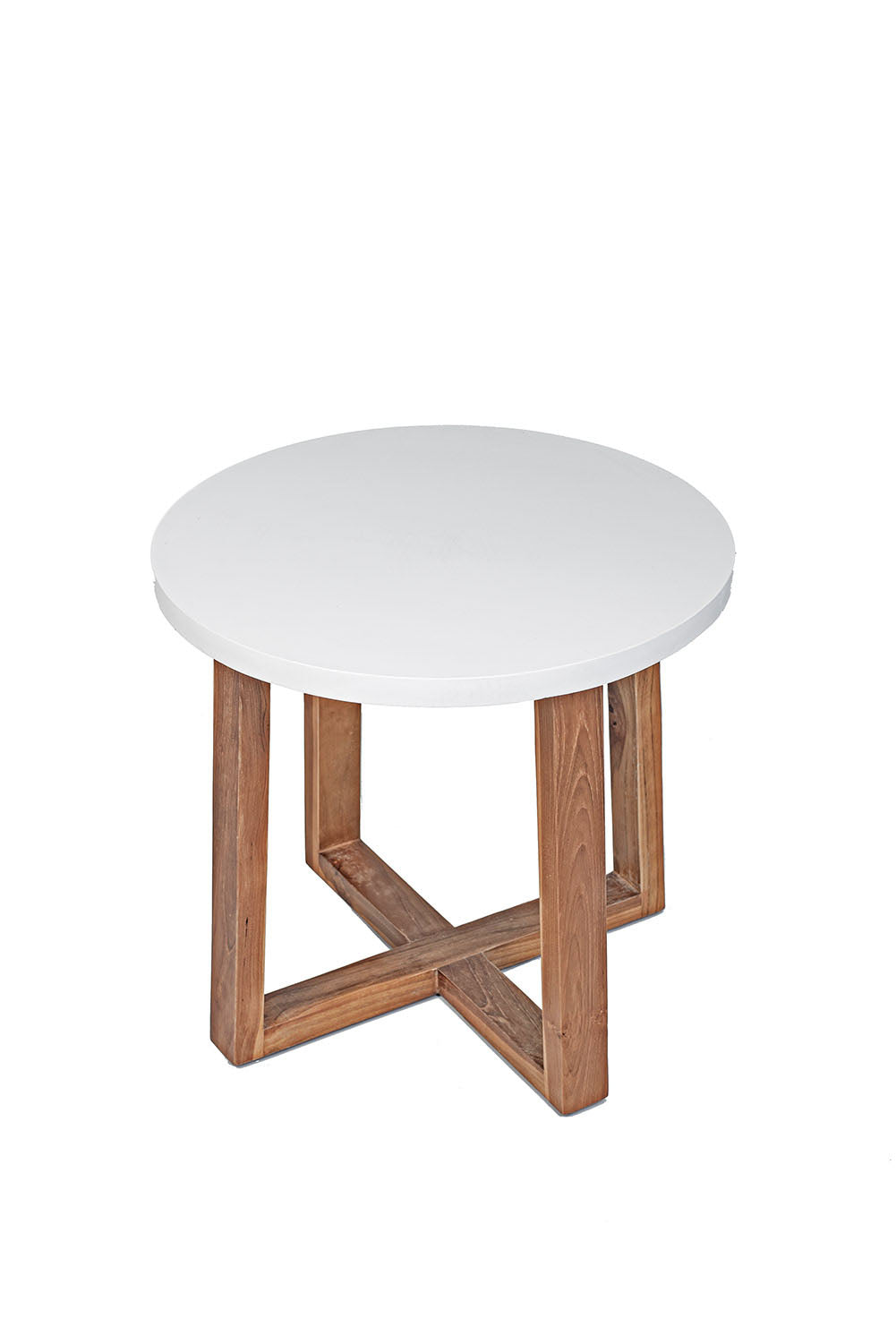 A round teak wood coffee table with a matte finish and a white painted tabletop.