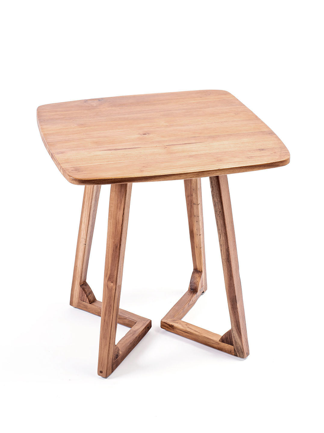 A square-shaped, matte-finished teak wood coffee table with a natural wood color.