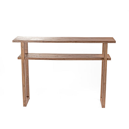 A rectangular, natural color console table made of teak wood with a wide compartment and a large elegant teak top.