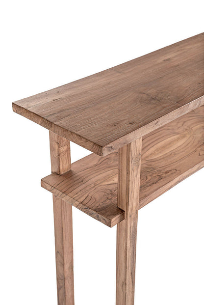 A rectangular, natural color console table made of teak wood with a wide compartment and a large elegant teak top. View from the corner. 