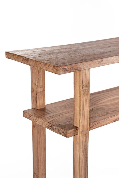 A rectangular, natural color console table made of teak wood with a wide compartment and a large elegant teak top. Closeup view. 