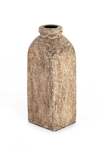 A conical ceramic vase with a textured antique finish.