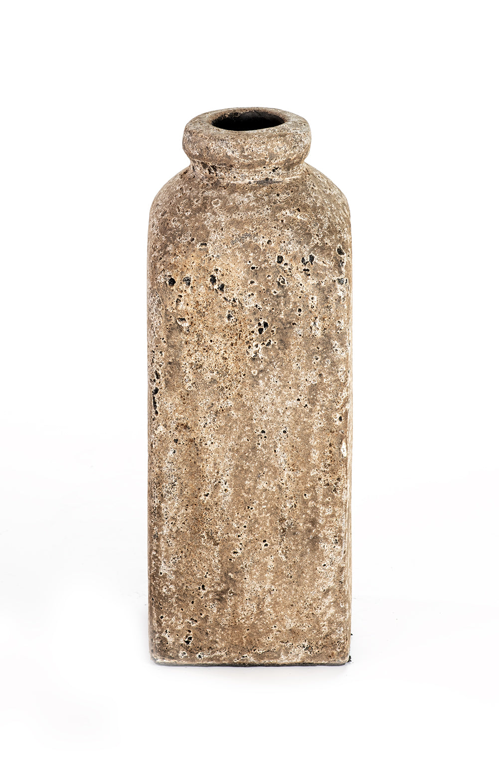 A conical ceramic vase with a textured antique finish.