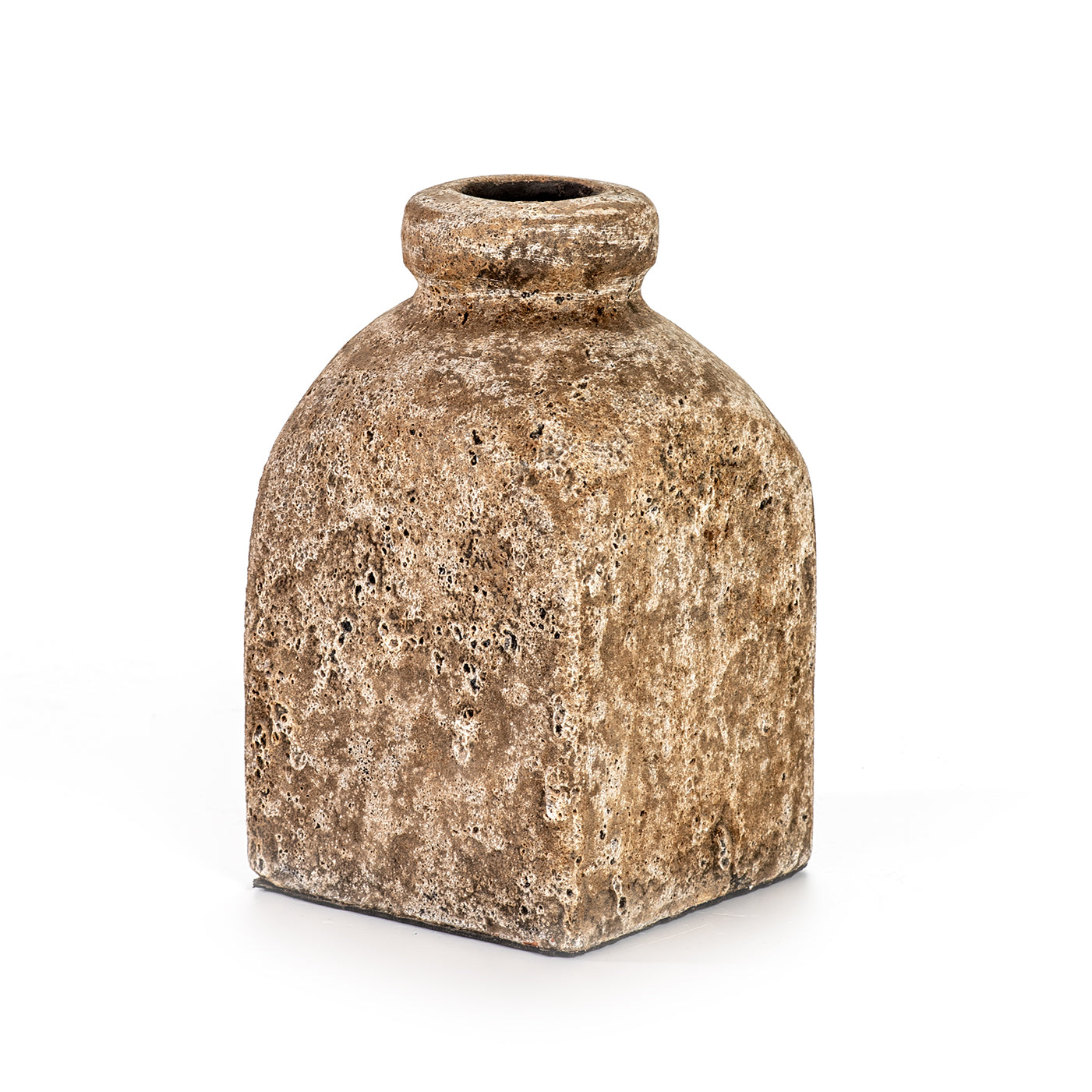 A conical ceramic vase with a textured antique finish.