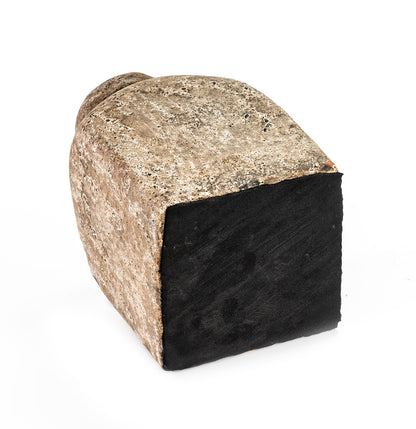 A conical ceramic vase with a textured antique finish, bottom view.