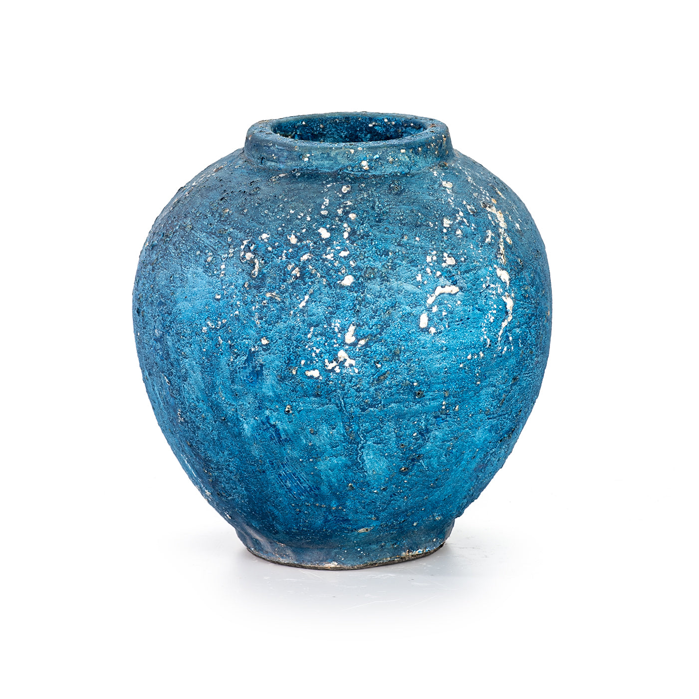 A blue ceramic decorative vase with a rustic finish.