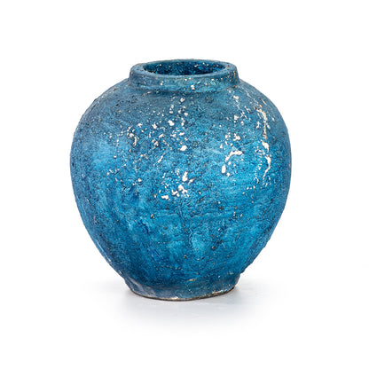 A blue ceramic decorative vase with a rustic finish.