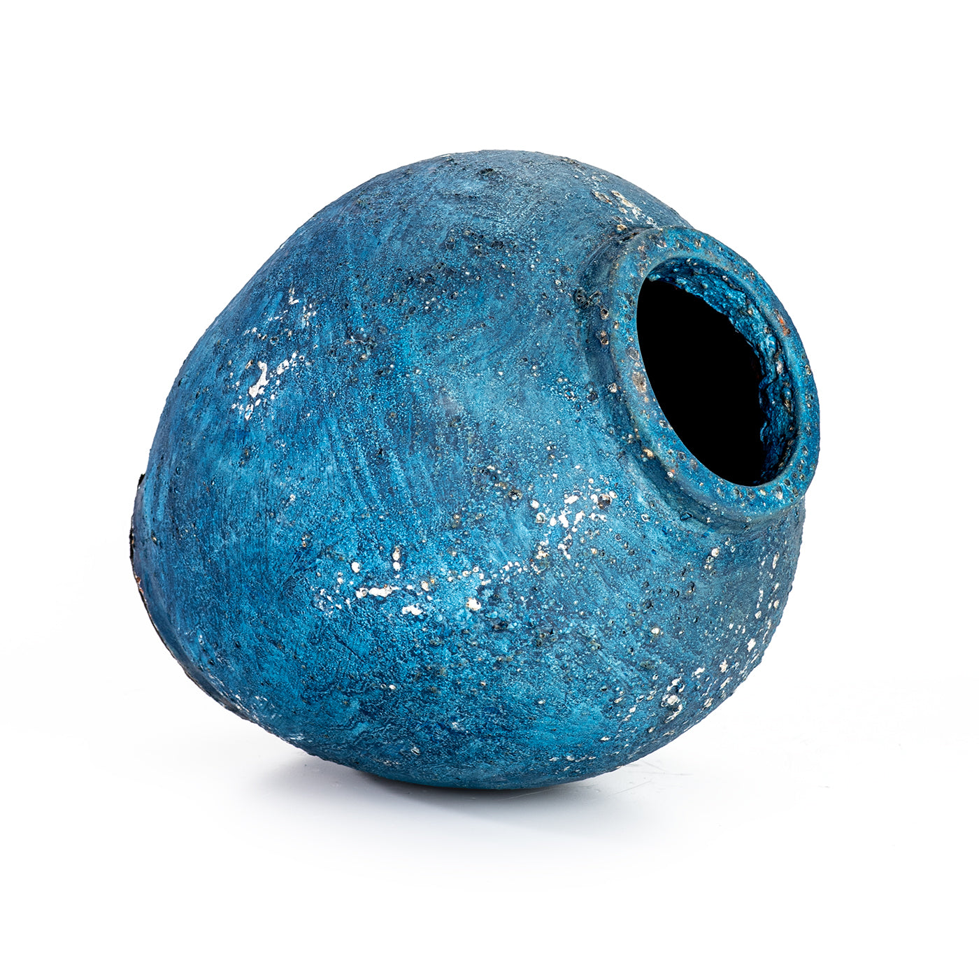 A blue ceramic decorative vase with a rustic finish.