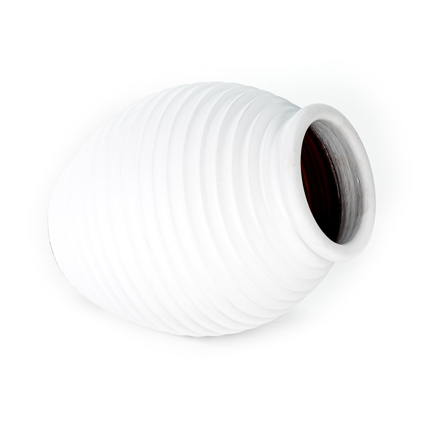 A white ceramic decorative vase with a ribbed pattern.