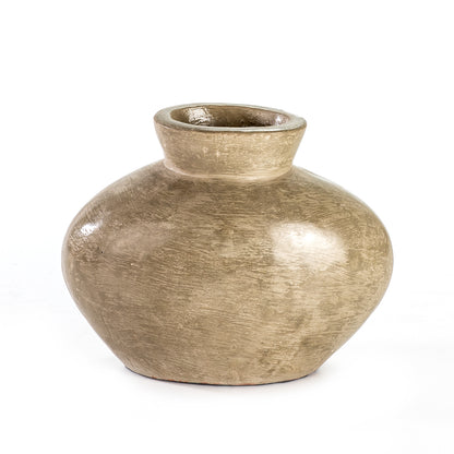 A beige ceramic decorative vase with a smooth, textured surface.