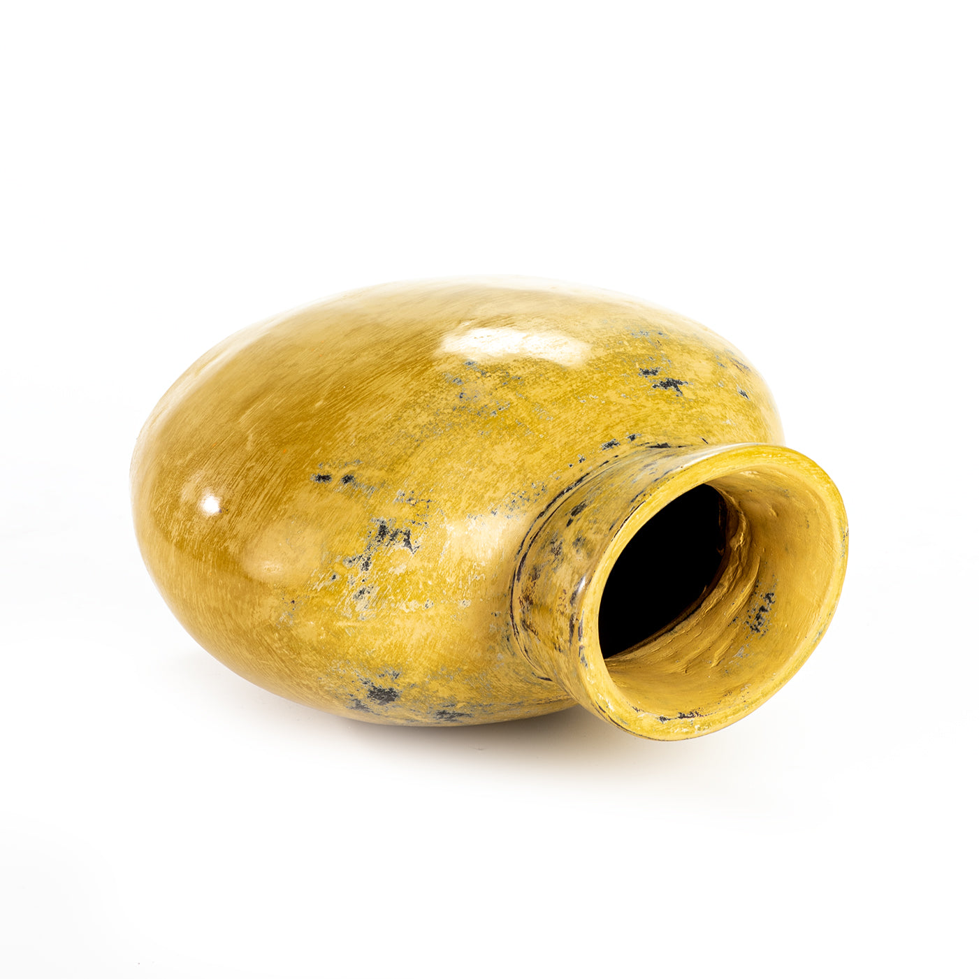 A yellow ceramic decorative vase with a rounded shape, part of a 3-piece set.