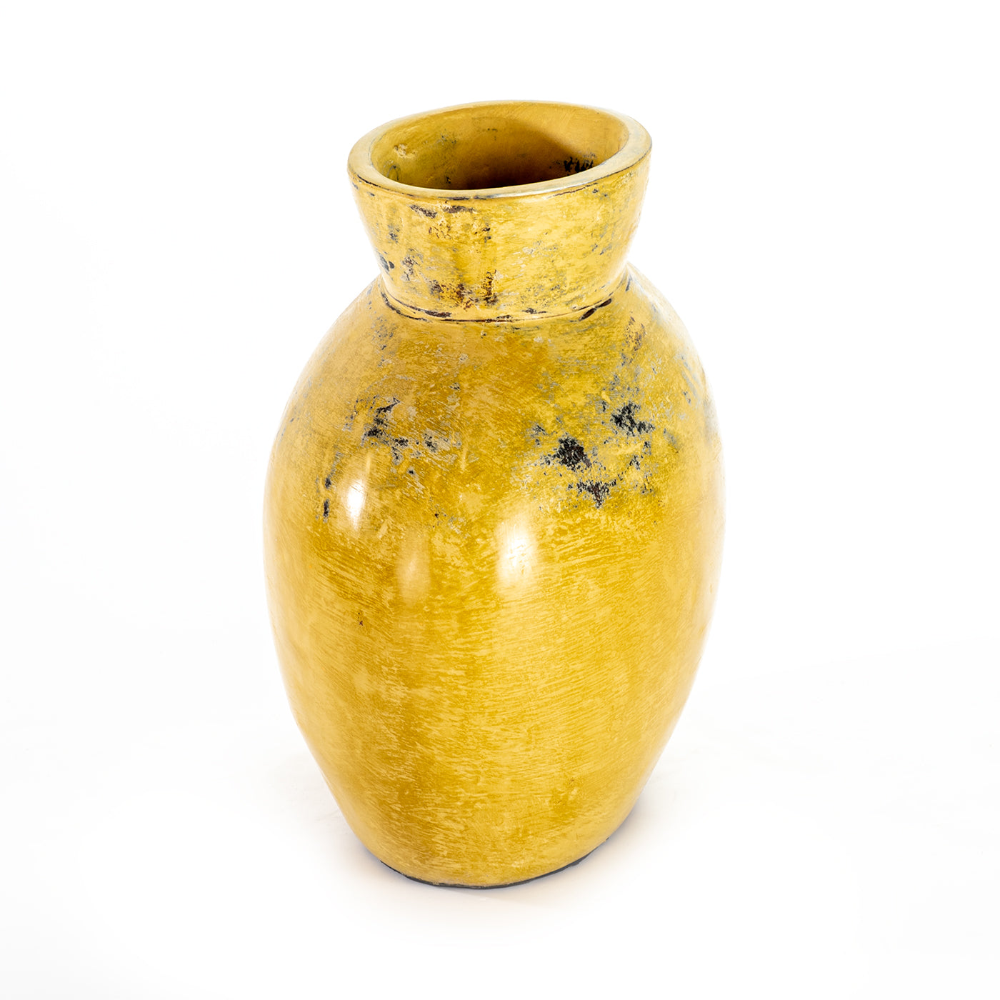 A yellow ceramic decorative vase with a rounded shape, part of a 3-piece set.